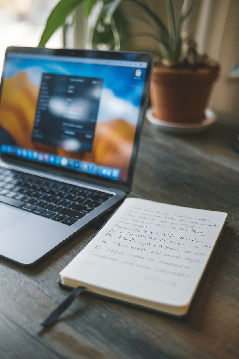Indoor laptop screen displaying a blurred menu next to a notepad—photo.