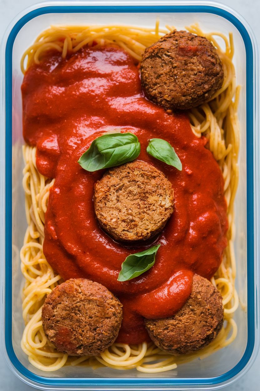 Indoor meal prep container with plant-based meatballs in marinara sauce over whole-wheat spaghetti. No text or logos present.