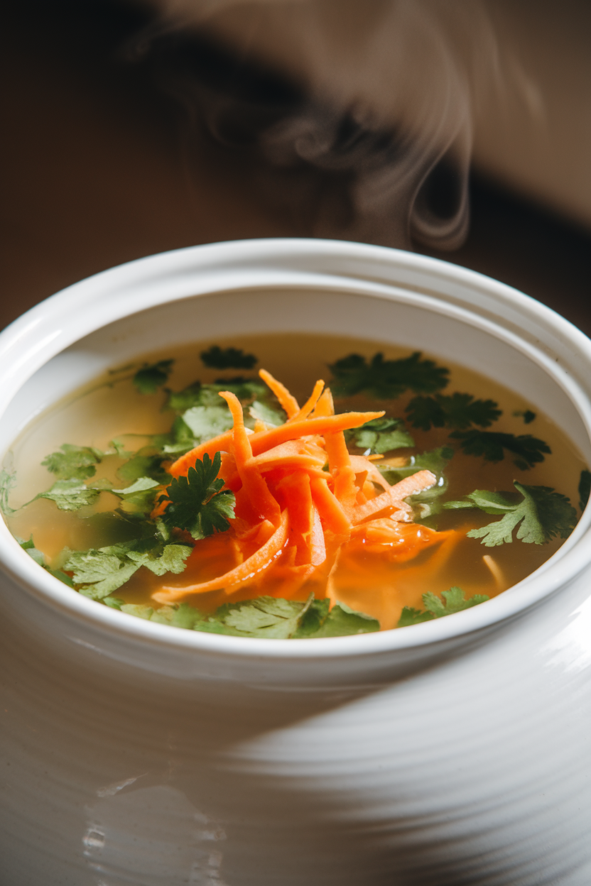 Photo prompt: A white porcelain bowl of clear lemon-coriander soup with shredded carrot and cilantro floating on top, indoors, steam gently rising. No text or logos.