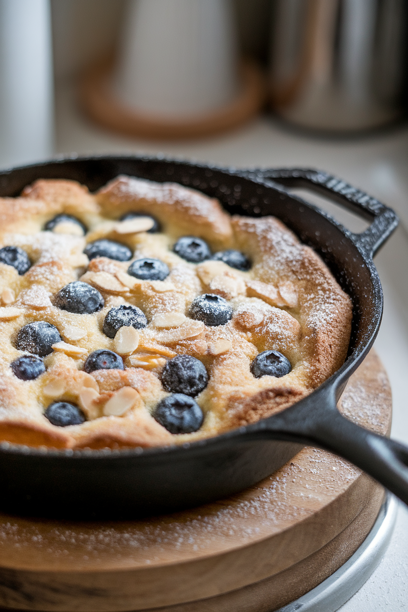 Indoor photo of a cast-iron skillet with puffed clafoutis dotted by blueberries and almond slices, lightly dusted with sugar, no text or logos