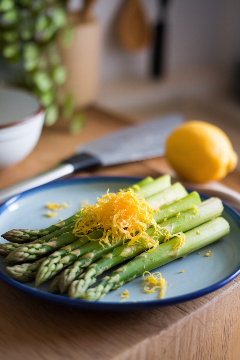 A plate of bright green asparagus spears topped with micro-planed lemon zest, indoors under soft light. No text or logos.