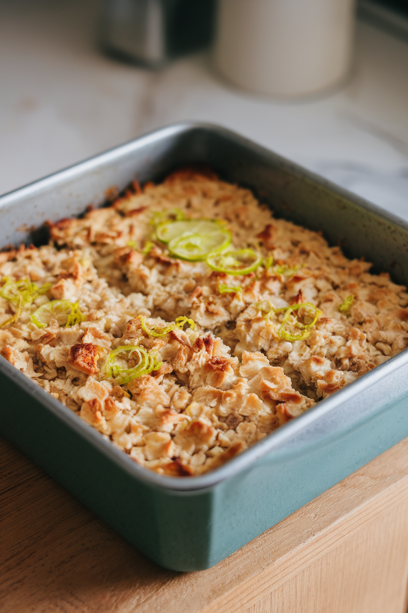 Square baking dish indoors with portioned coconut-lime oatmeal bake, lime zest on top, no text or logos