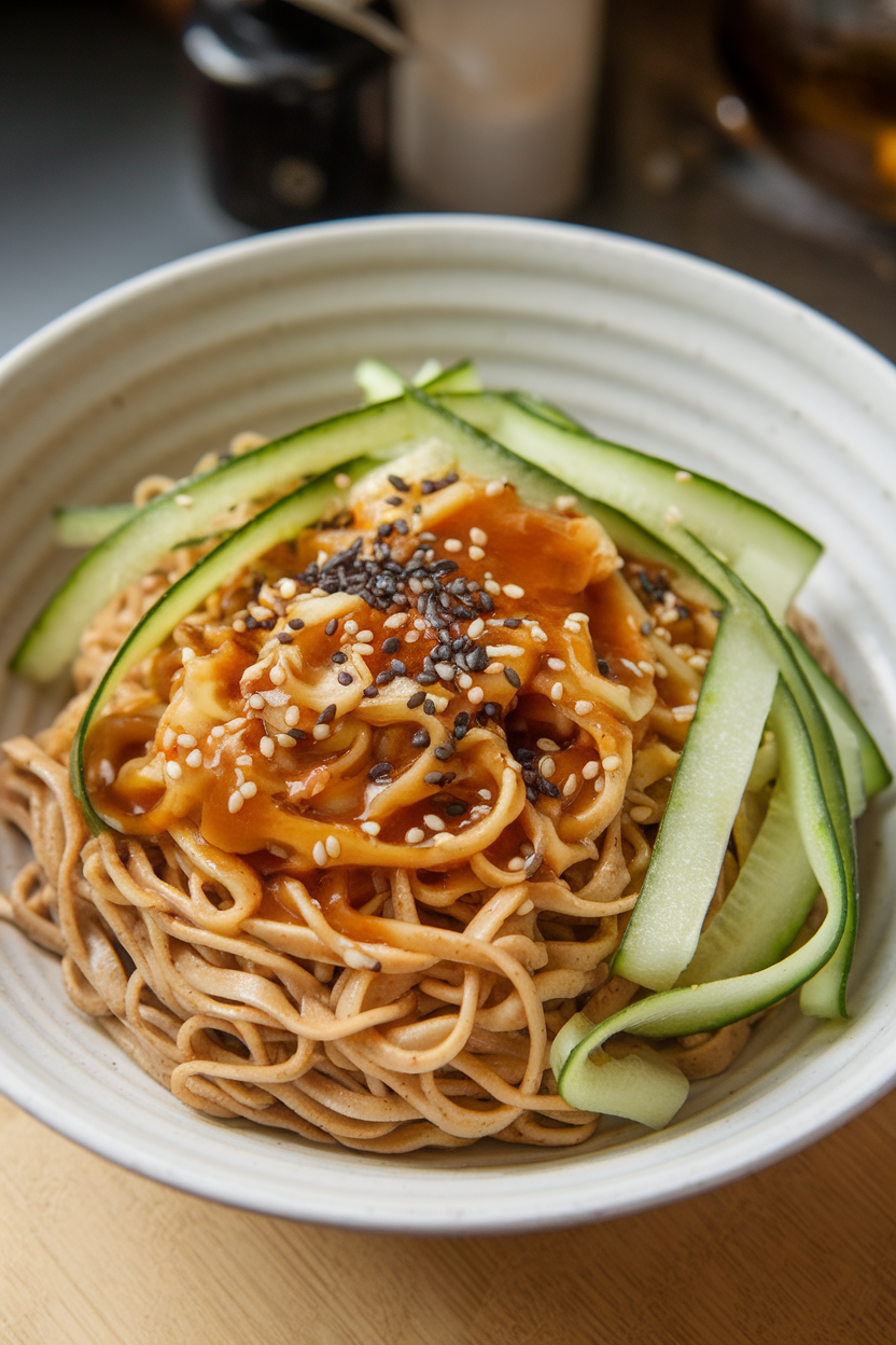 Indoor photo of whole-grain noodles mixed with cucumber ribbons, sesame seeds, and soy-ginger sauce in a bowl; no text or logos.