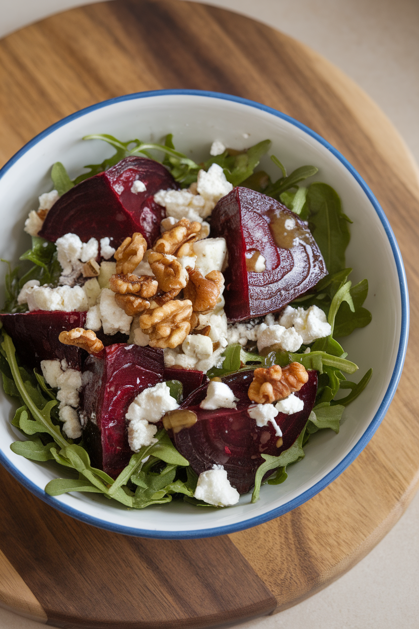 Photo of an indoor salad bowl with roasted beet wedges, crumbled feta, arugula, and toasted walnuts, light vinaigrette sheen. No text or logos visible.