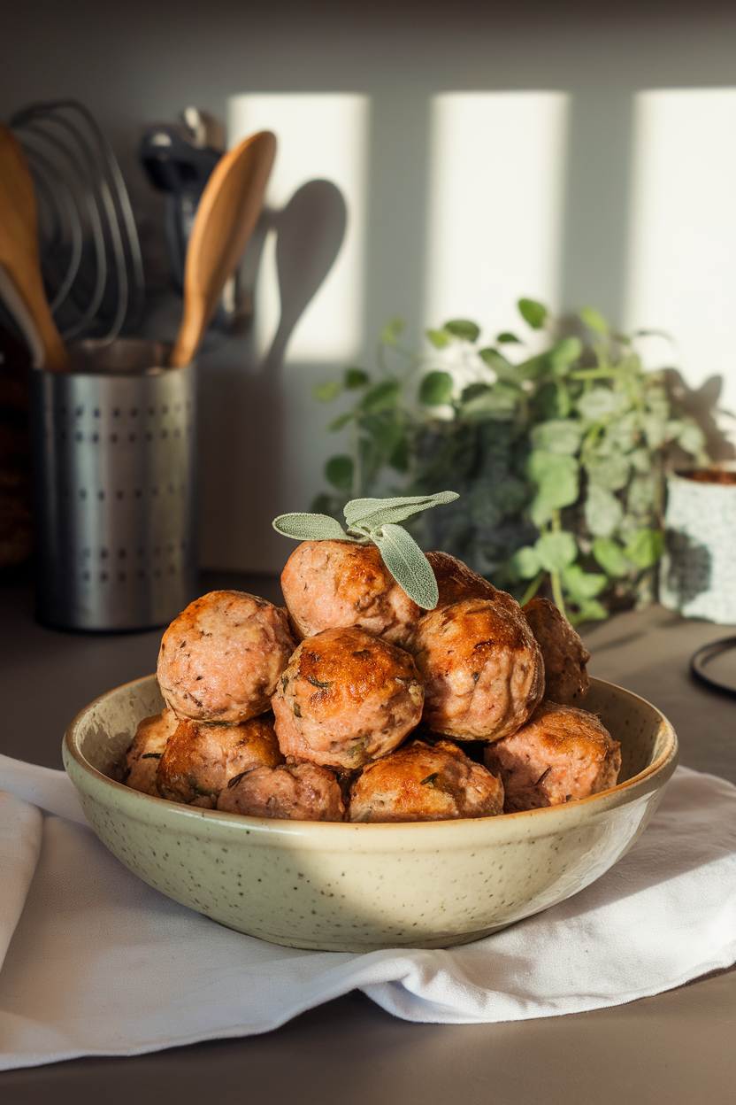 A bowl of browned turkey meatballs garnished with sage leaves, indoors on a countertop. No text or logos.