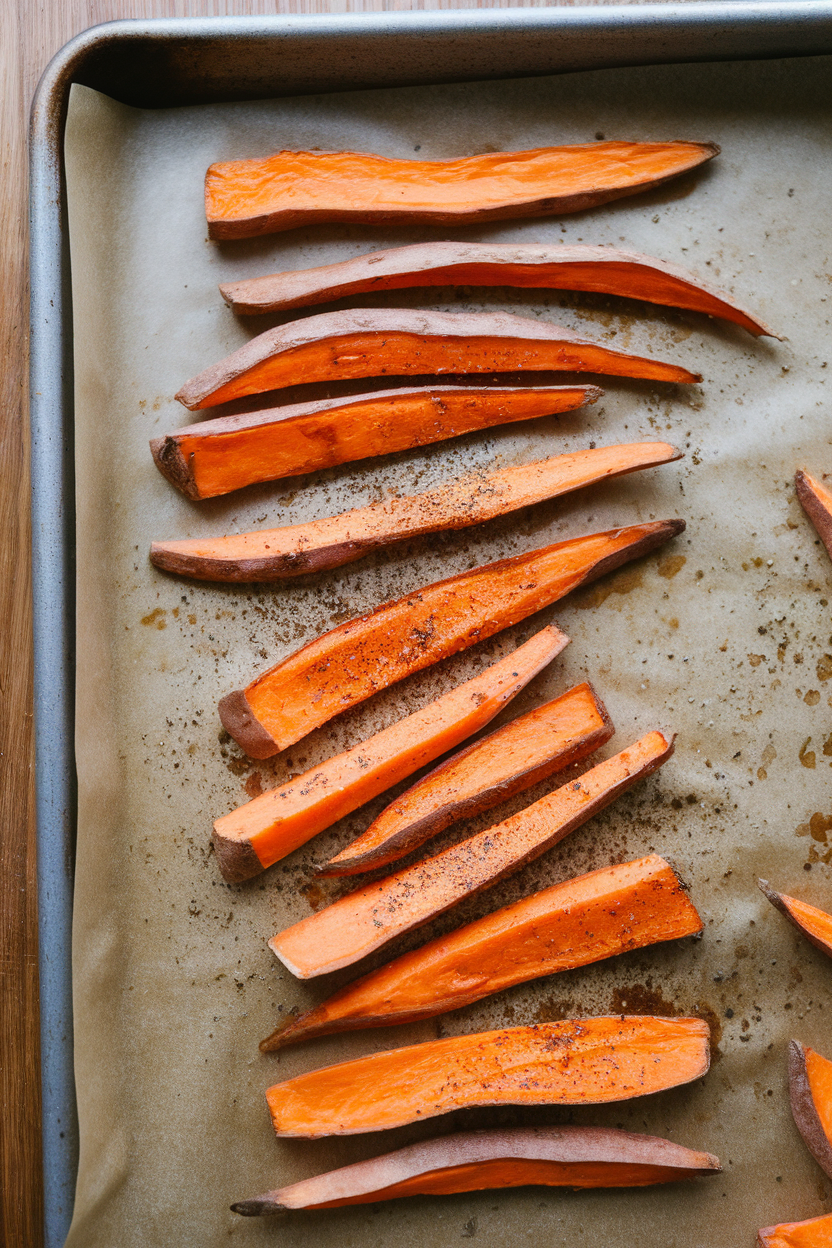 Indoor photo of oven-baked sweet potato fries on a parchment-lined sheet pan, lightly browned; no text or logos.