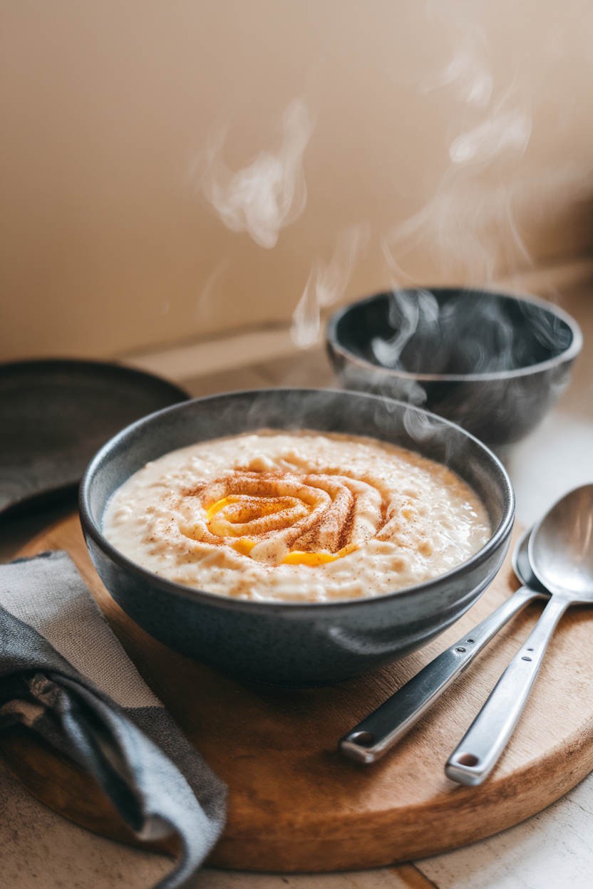 Steaming indoor bowl of creamy oatmeal with visible egg ribbons and a sprinkle of cinnamon on top. No text or logos. Photo.