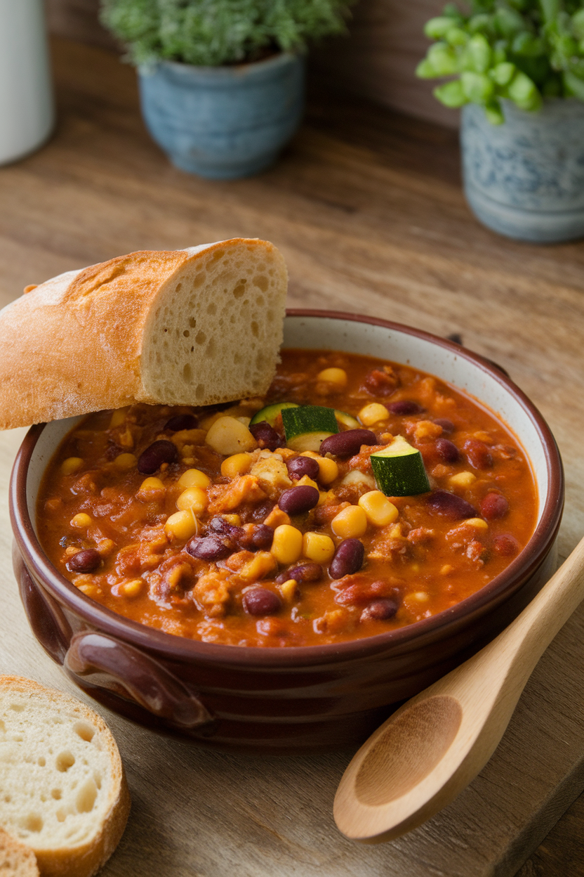 An indoor ceramic bowl of hearty turkey chili speckled with beans, corn, and diced zucchini; spoon resting on the side, no text or logos, photo not illustration.