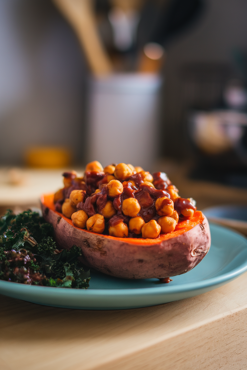 Indoor photo of halved roasted sweet potato piled with saucy BBQ chickpeas, plus a side of sautéed kale on a plate. No text or logos.