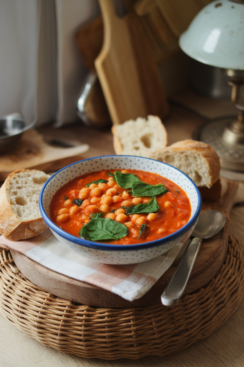 A rustic indoor bowl of tomato-based chickpea stew flecked with bright green spinach leaves; no text or logos.