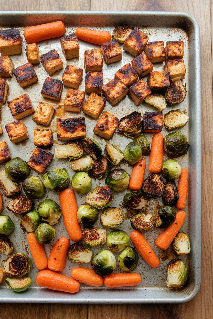 Photo of an indoor sheet pan loaded with balsamic-marinated tofu cubes, roasted Brussels sprouts, and carrots, taken straight from the oven. No text or logos anywhere.