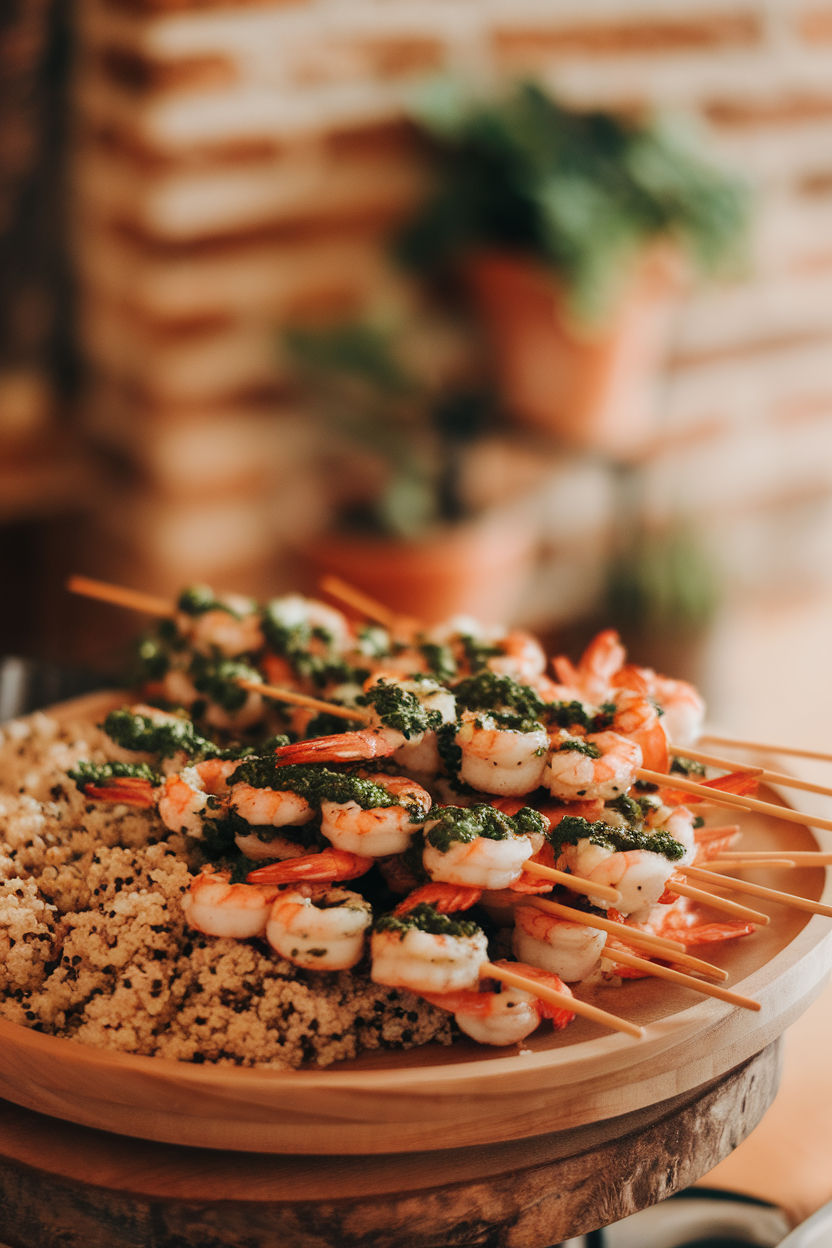Indoor platter photo of wooden skewers holding cooked shrimp brushed with green chimichurri, served alongside fluffy quinoa; warm lighting, no text or logos.