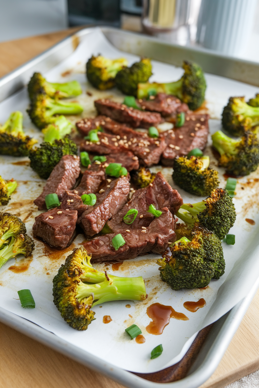 A sheet pan indoors showcasing roasted broccoli florets and beef strips coated in soy-ginger glaze. No text or logos; photo.</Prompt