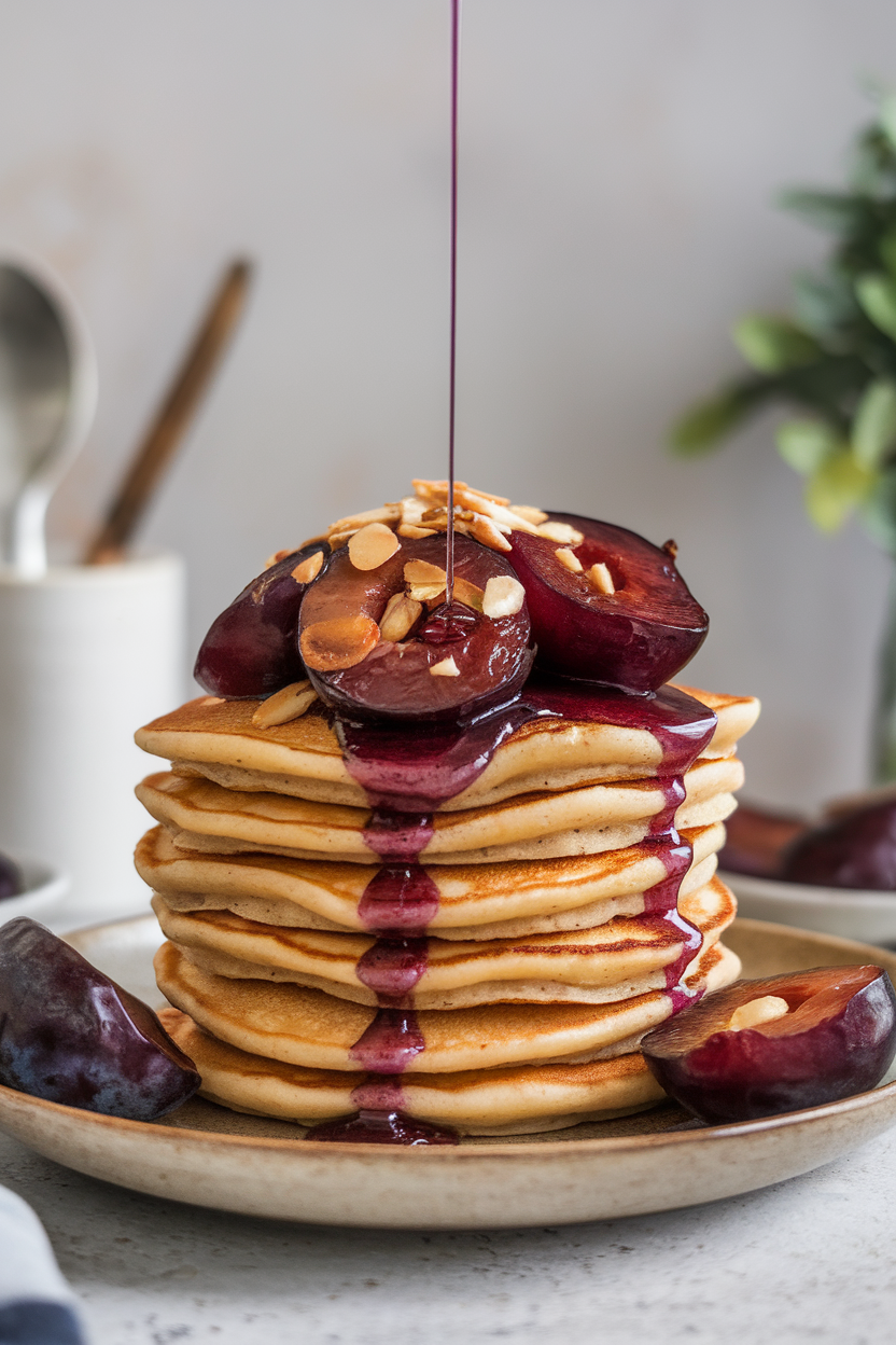 Indoor photo of pancakes topped with stewed plums in a purple syrup and a sprinkle of toasted almonds; no text or logos.