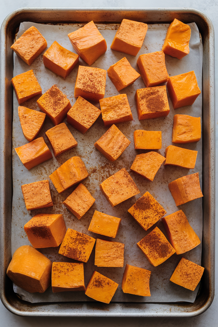 A rimmed baking sheet indoors with cubes of butternut squash lightly dusted with cinnamon and browned edges. Photo, no text or logos.