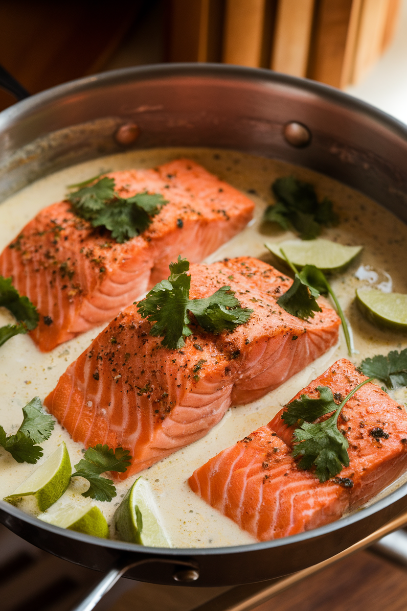 Photo of cooked salmon fillets in a shallow skillet filled with creamy coconut-lime sauce, garnished with cilantro, shot indoors under warm lighting. No text or logos.</Prompt