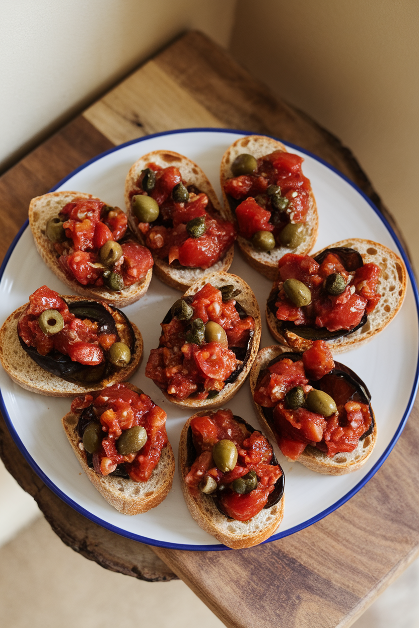 Indoor photo of small toasted whole-grain baguette slices topped with glossy eggplant caponata featuring tomatoes, olives, and capers; overhead angle, no text or logos