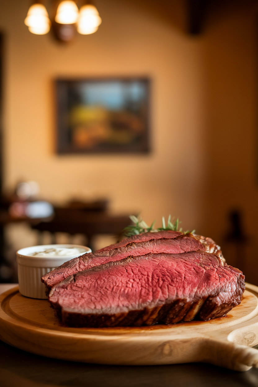 Photo of medium-rare prime rib slices on a board beside a ramekin of horseradish cream, warm indoor lighting, no text or logos.