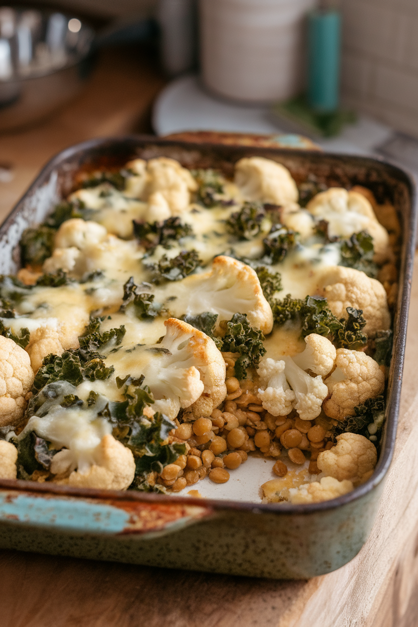 Indoor countertop photo of a rustic baking dish with layers of cauliflower florets, curly kale, and green lentils coated in a light cashew “cheese” sauce, freshly baked. No text or logos.