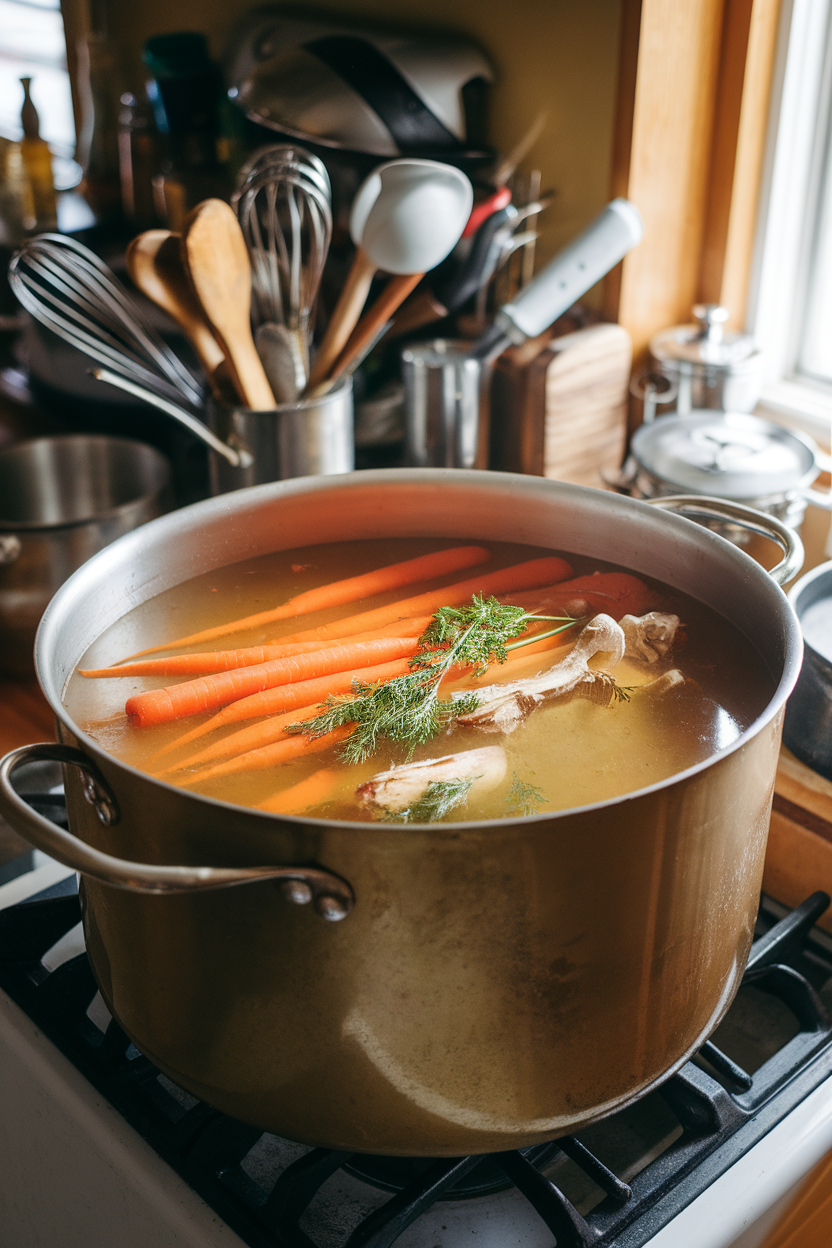 A large pot of simmering stock with visible carrot tops and chicken bones, indoor photo, no text or logos