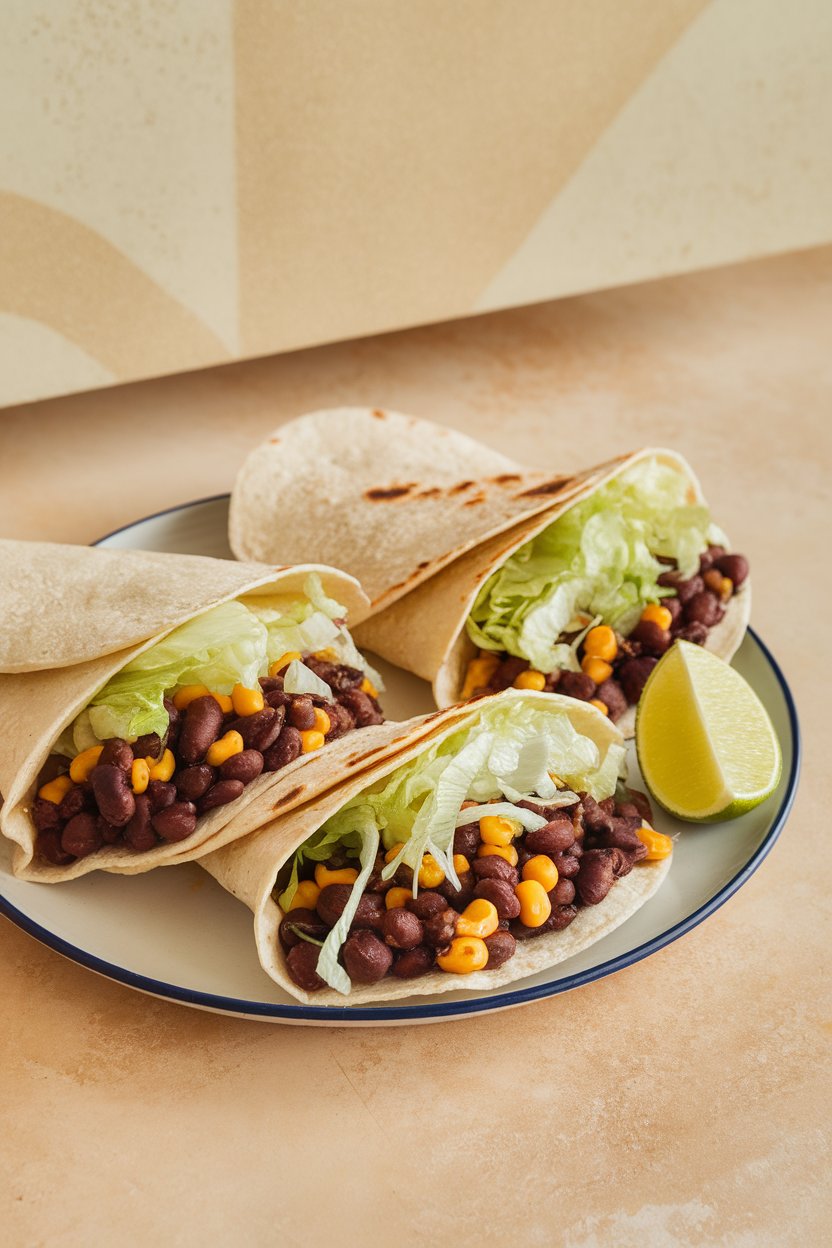 Indoor tabletop with three corn tortillas filled with seasoned black beans, corn, and shredded lettuce; lime wedges nearby, no text or logos.