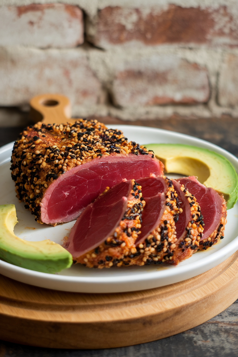An indoor plate with a medium-cooked sesame-crusted tuna steak sliced to show pink center, served with avocado slices. No text or logos. Photo only.