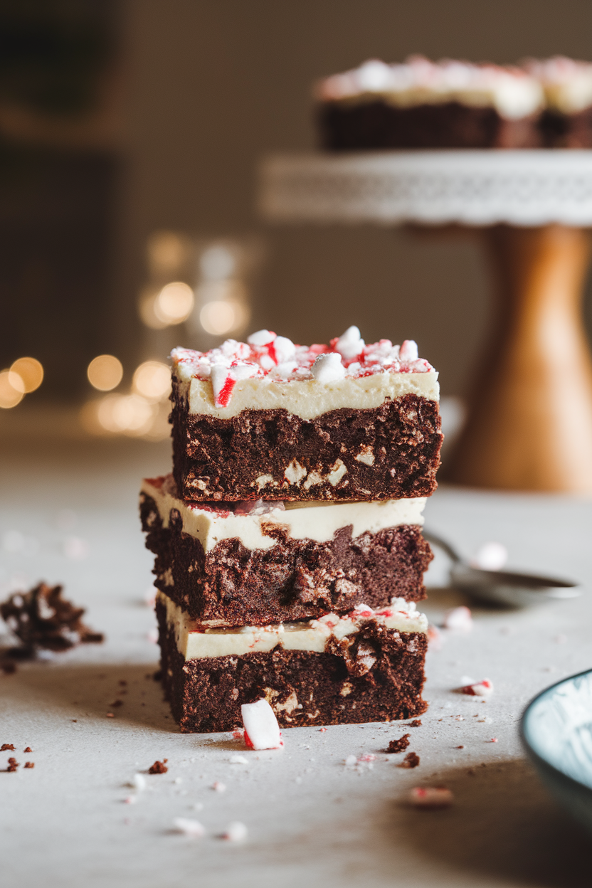 An indoor dining table showing a stack of fudgy brownies topped with a thick layer of white chocolate and crushed candy canes, crumbs scattered artfully around. Soft evening light, no text or logos.