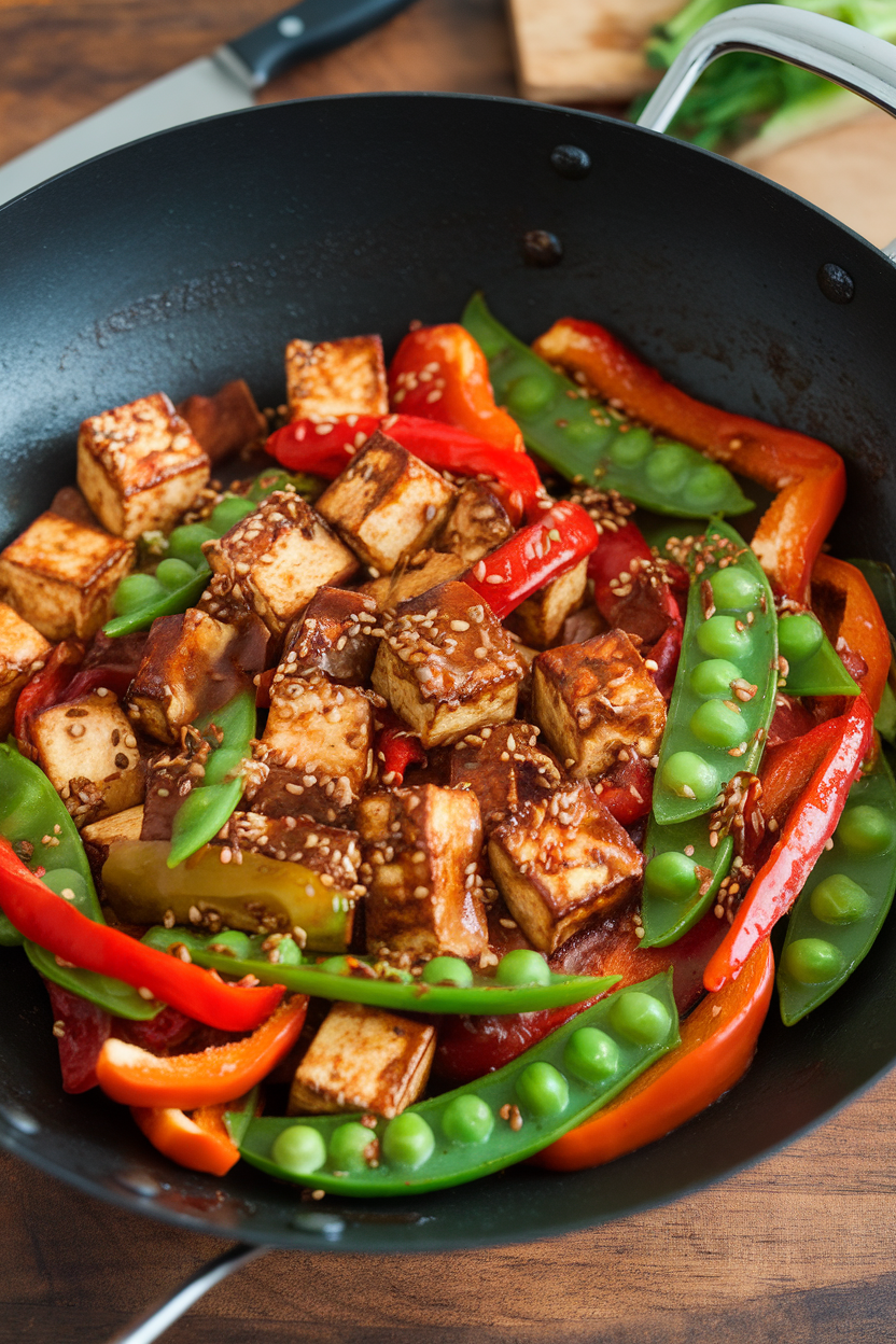 An indoor wok with browned tofu cubes, bell peppers, and snow peas coated in glossy sesame ginger sauce. Photo, no text or logos.