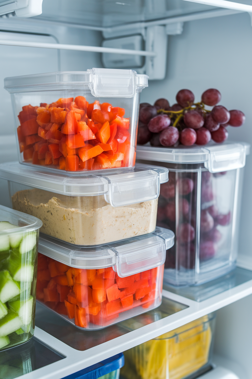 An indoor refrigerator shelf with clear containers of chopped bell peppers, hummus, and grapes front and center—photo, no logos.