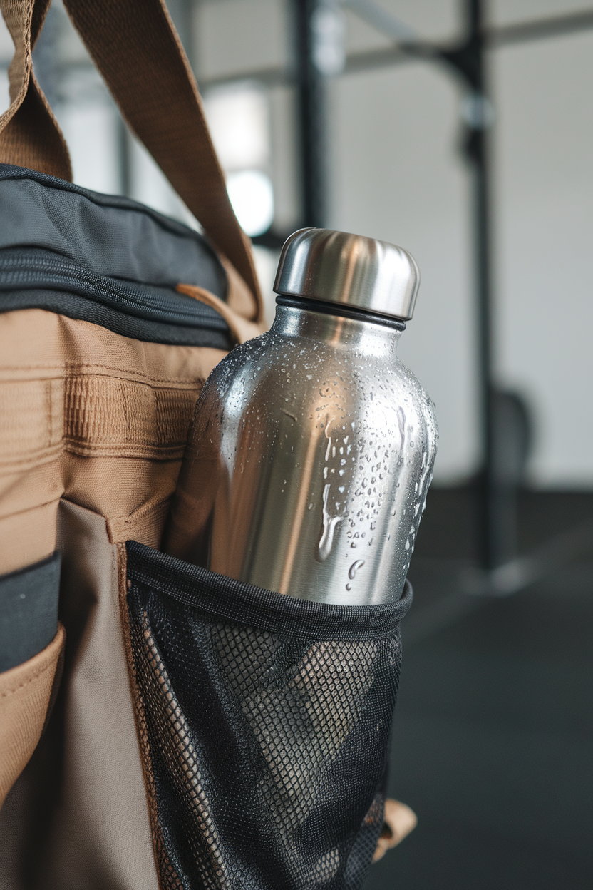 An indoor gym bag pocket holding a stainless-steel water bottle, condensation forming, no brand name visible.