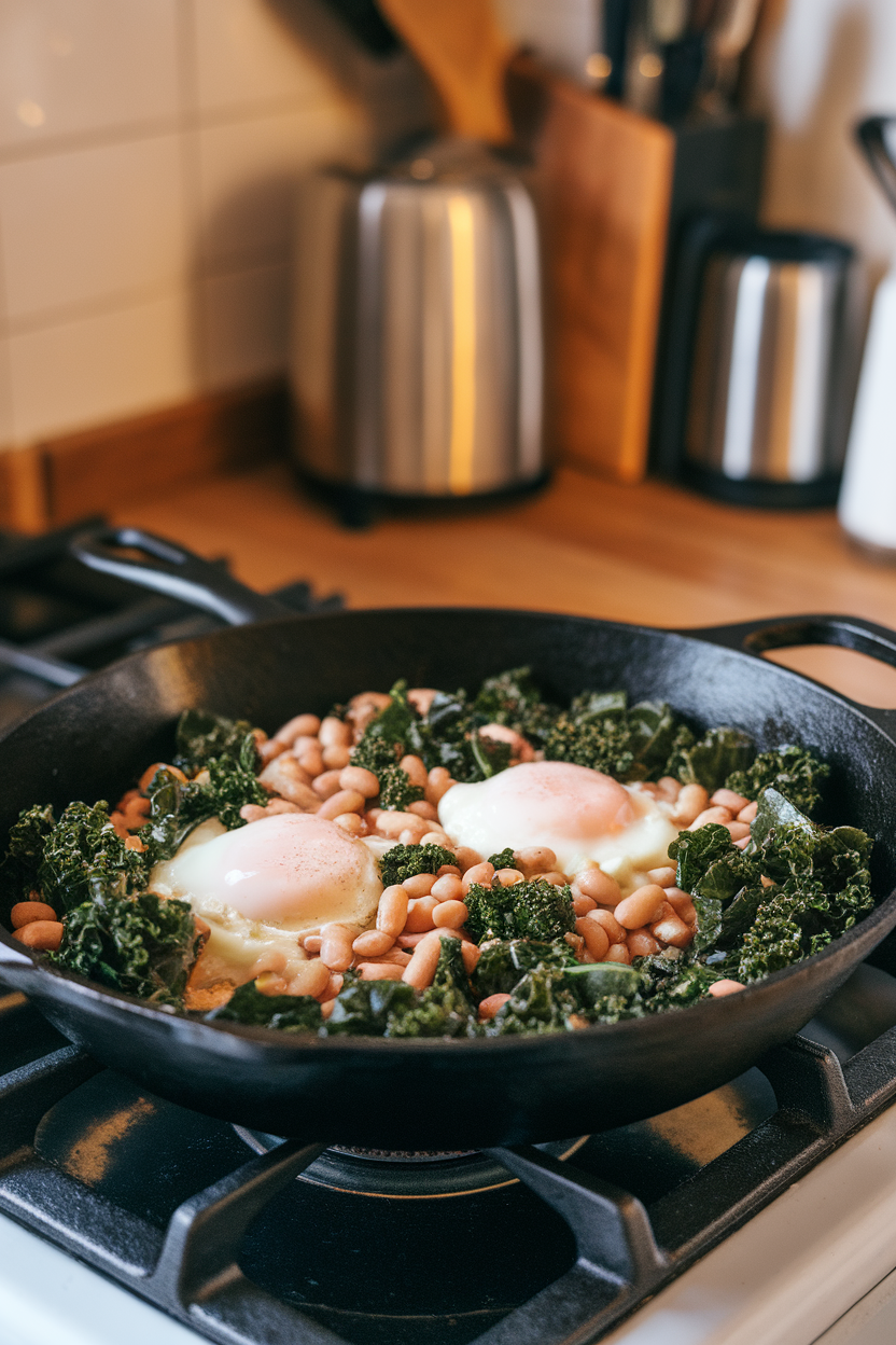Photo of a cast-iron skillet holding sautéed kale and white beans with two poached eggs on top, indoor stovetop, no text or logos