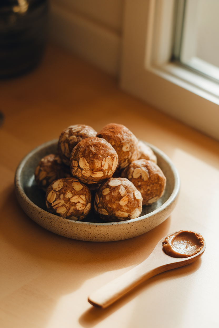 Photo of a warmly lit indoor countertop with a small stoneware plate holding almond-butter and rolled-oat energy balls, lightly dusted with cinnamon. A wooden spoon with a dab of almond butter rests beside the plate. No text or logos anywhere in the frame.