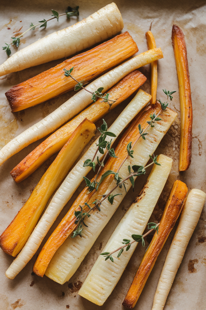 Indoor photo of caramelized parsnip batons sprinkled with fresh thyme on a parchment-lined baking sheet. No text or logos.