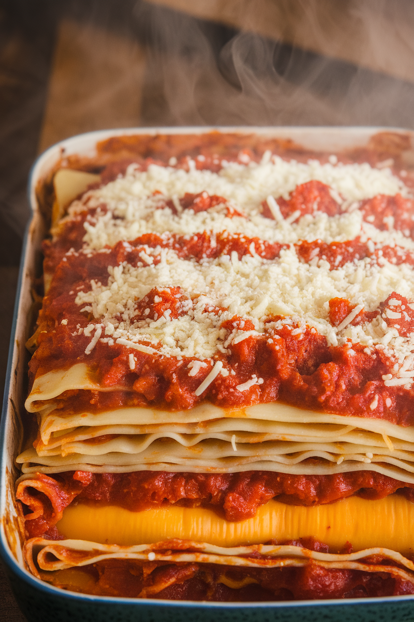 Indoor photo of a casserole dish with layered lasagna, orange squash visible between noodles and cheese, steam rising, no text or logos