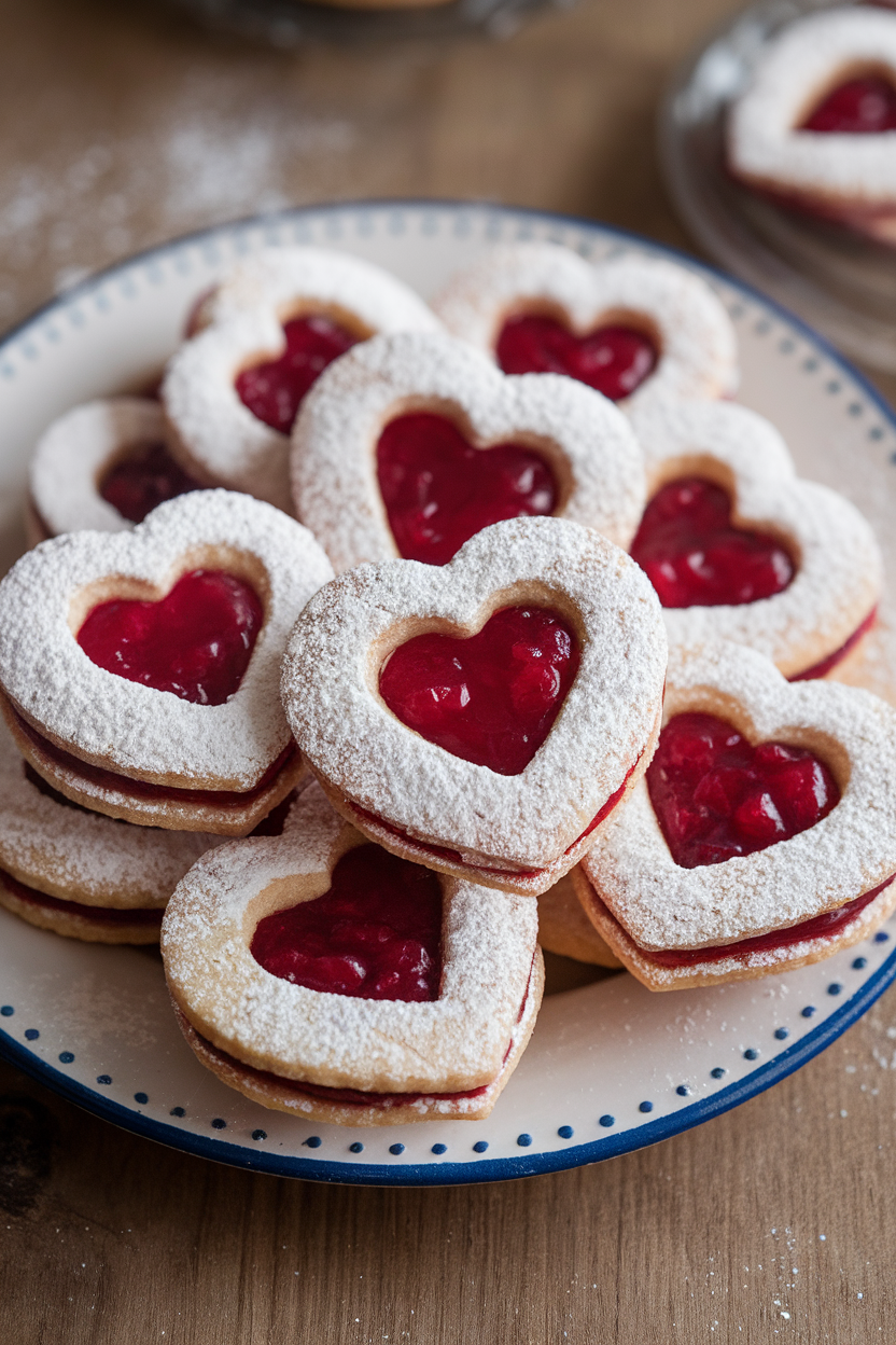 Indoor plate of raspberry linzer cookies with heart-shaped cutouts showing jewel-red jam; powder sugar dusted, no logos. Photo, not illustration.
