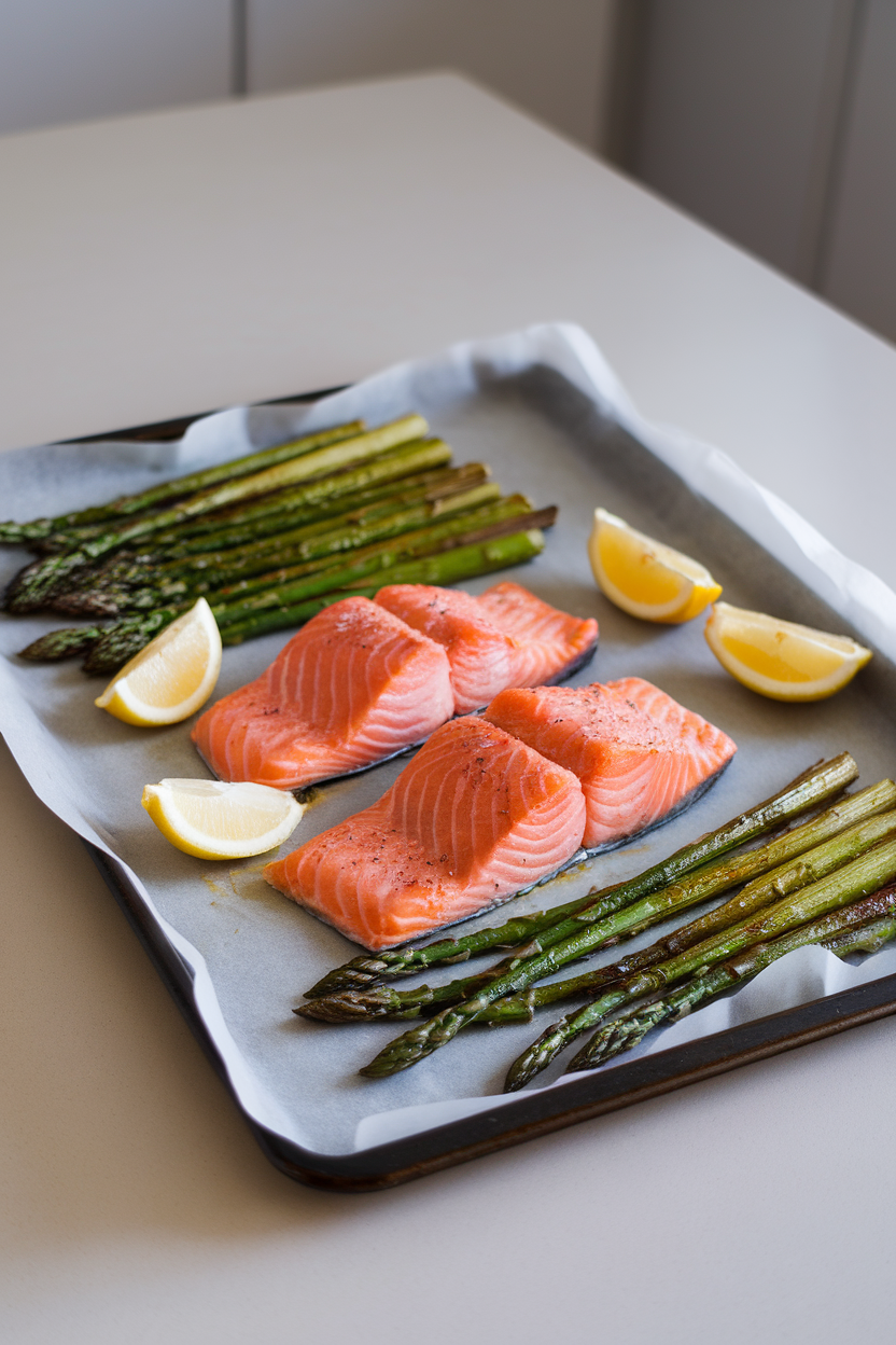 A parchment-lined sheet pan on an indoor countertop with cooked salmon fillets and roasted asparagus spears, lemon slices scattered around. No text or logos. Photo, not illustration.