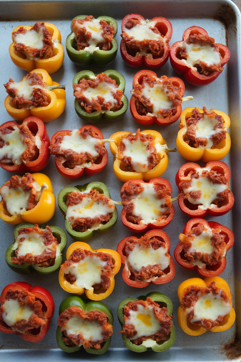 Indoor photo of colorful mini bell peppers halved and filled with browned chorizo and melted cheese, arranged on a baking sheet. No text or logos.