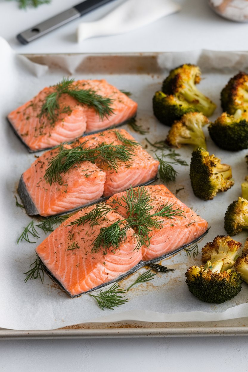 An indoor parchment-lined baking sheet with cooked salmon fillets topped with dill and a side of roasted broccoli florets. Photo, no text or logos.