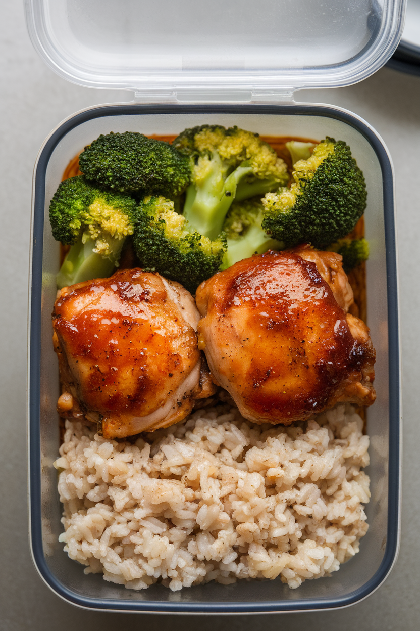 An indoor meal-prep container featuring glazed chicken thighs, steamed broccoli, and brown rice. No text or logos.