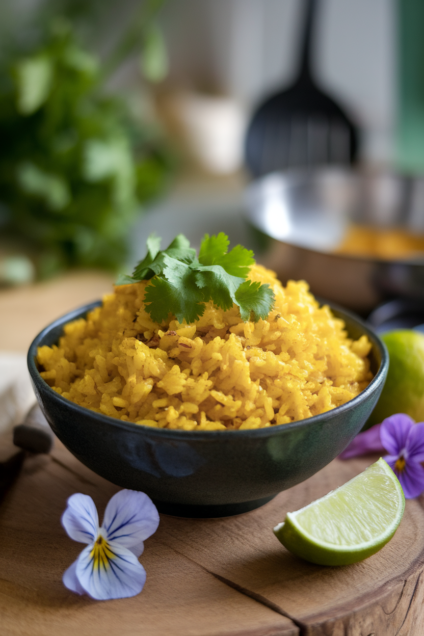 An indoor bowl of golden turmeric rice garnished with cilantro, no logos.