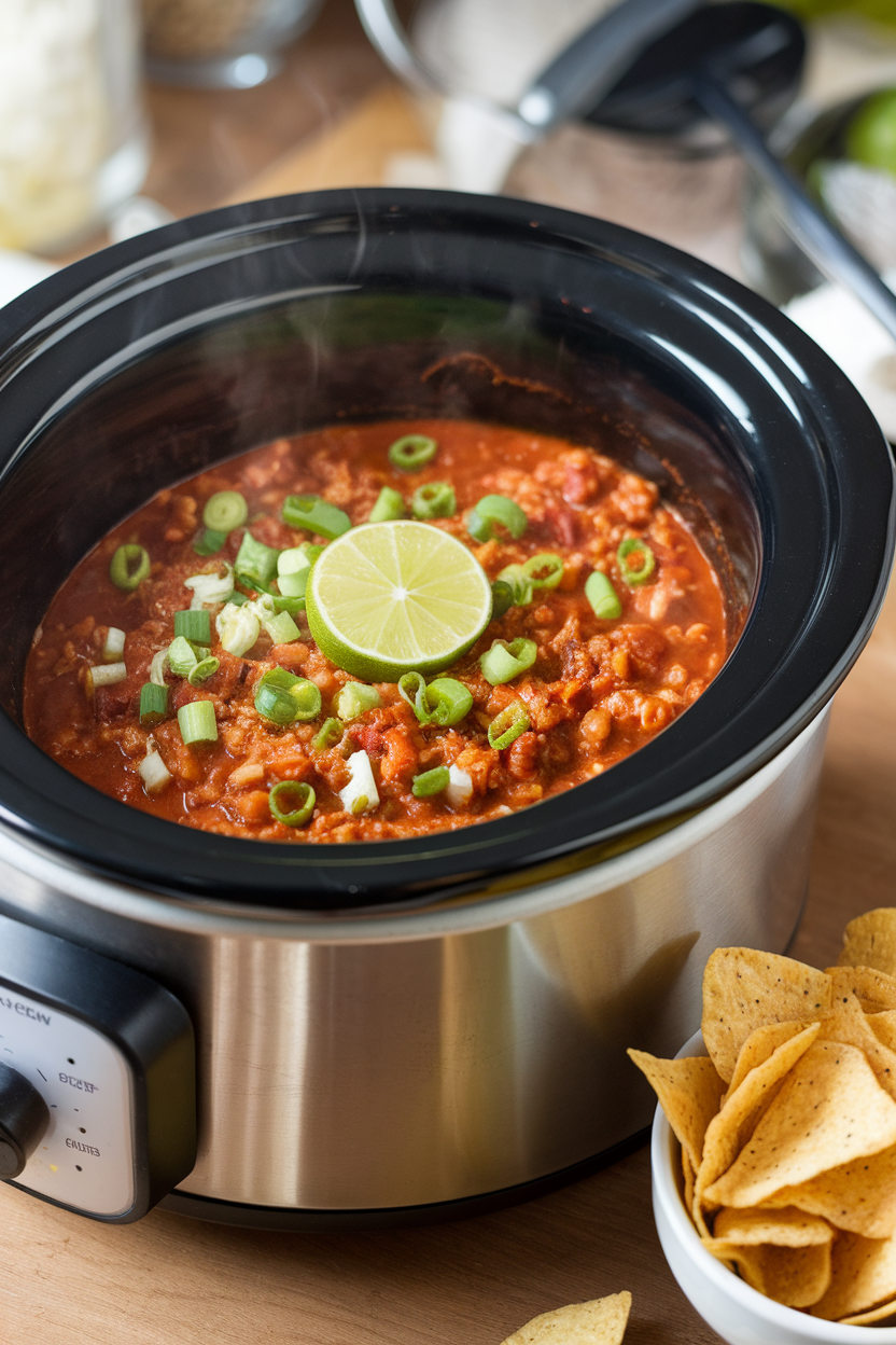 Photo of an indoor slow cooker filled with steaming turkey chili topped with chopped scallions and a lime wedge. No branding anywhere.