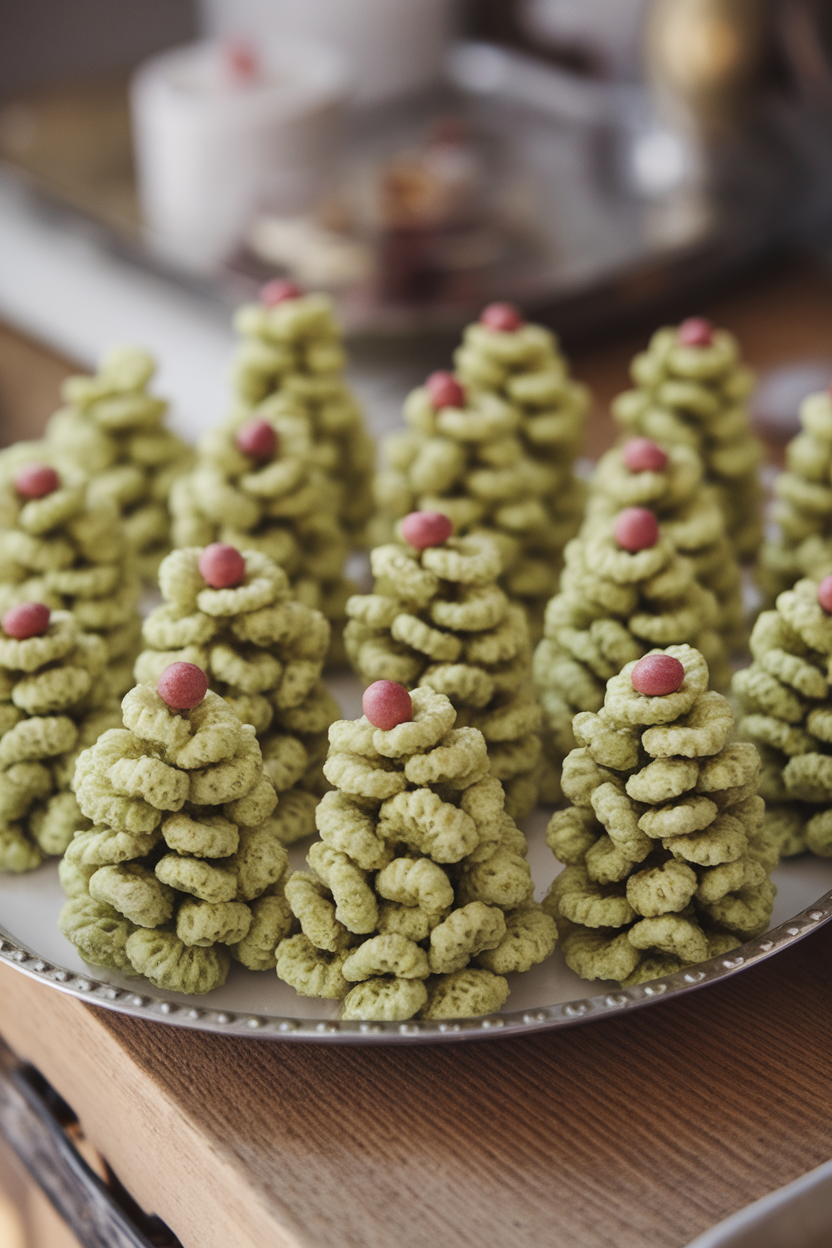 Indoor tray of triangular green-tinted cereal treats arranged like Christmas trees, tiny candy ornaments dotting each. No text or logos. Photo only.