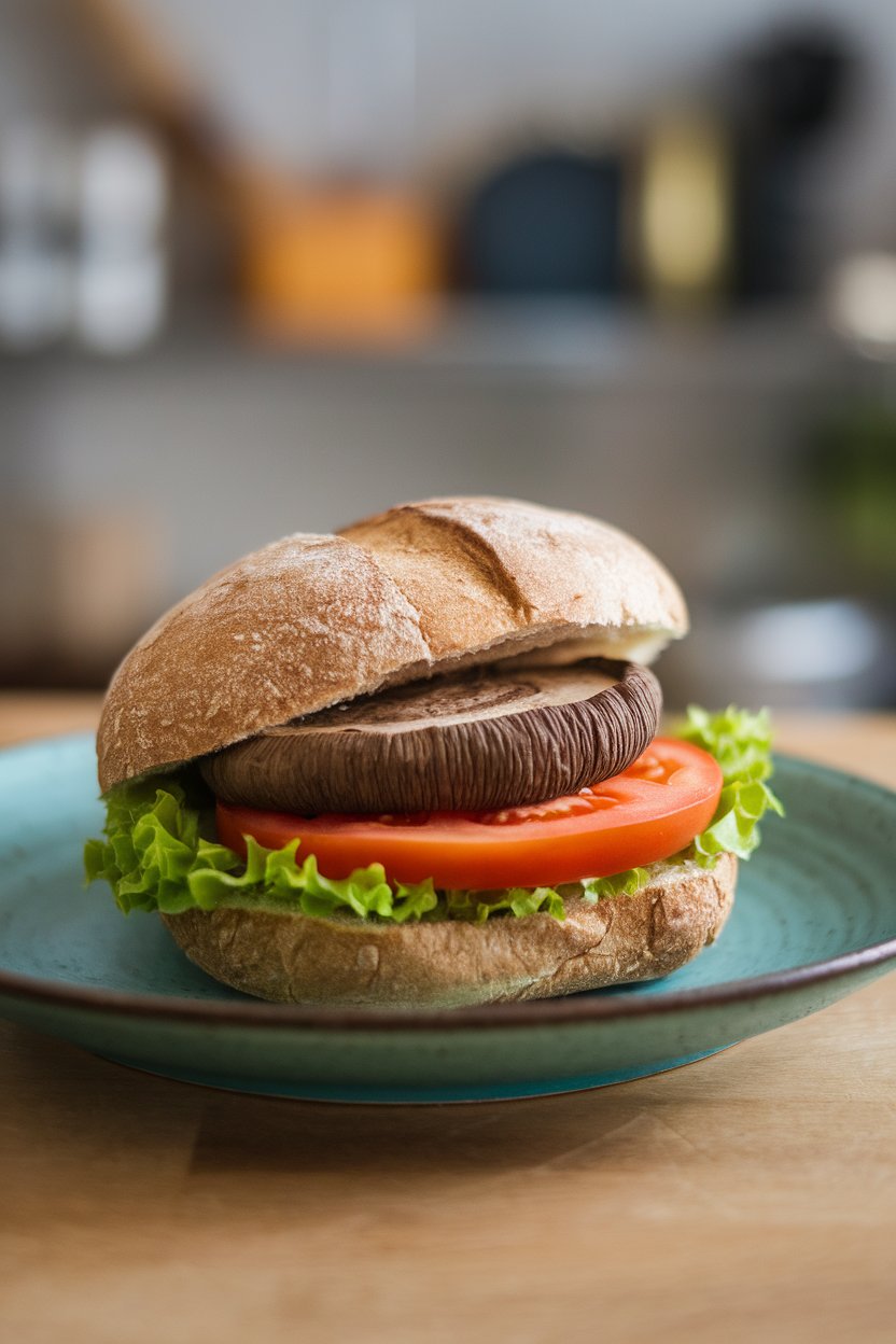 An indoor plate displaying a cooked portobello mushroom cap inside a whole-grain bun with lettuce and tomato. Photo, no text or logos.
