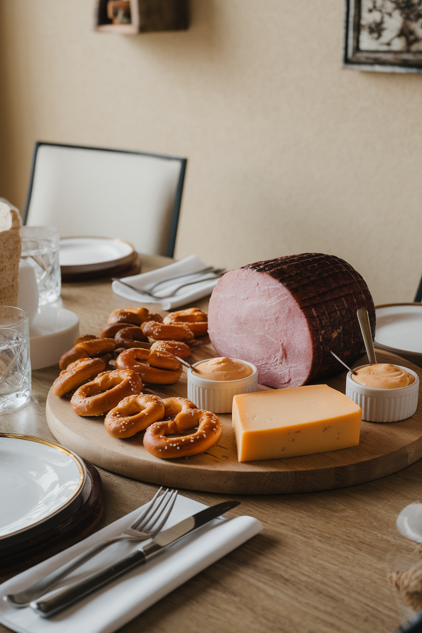 Indoor dining table with a board holding Black Forest ham, smoked gouda, pretzel bites, and mustard pots; no text or logos