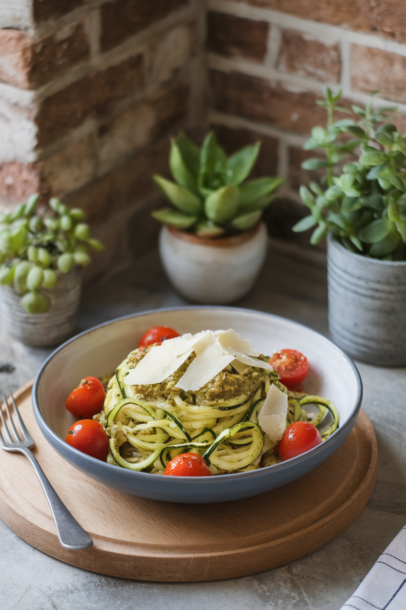 Indoor lunch scene featuring a bowl of zucchini noodles coated in basil pesto, cherry tomatoes scattered throughout, topped with shaved Parmesan. No text or logos present.