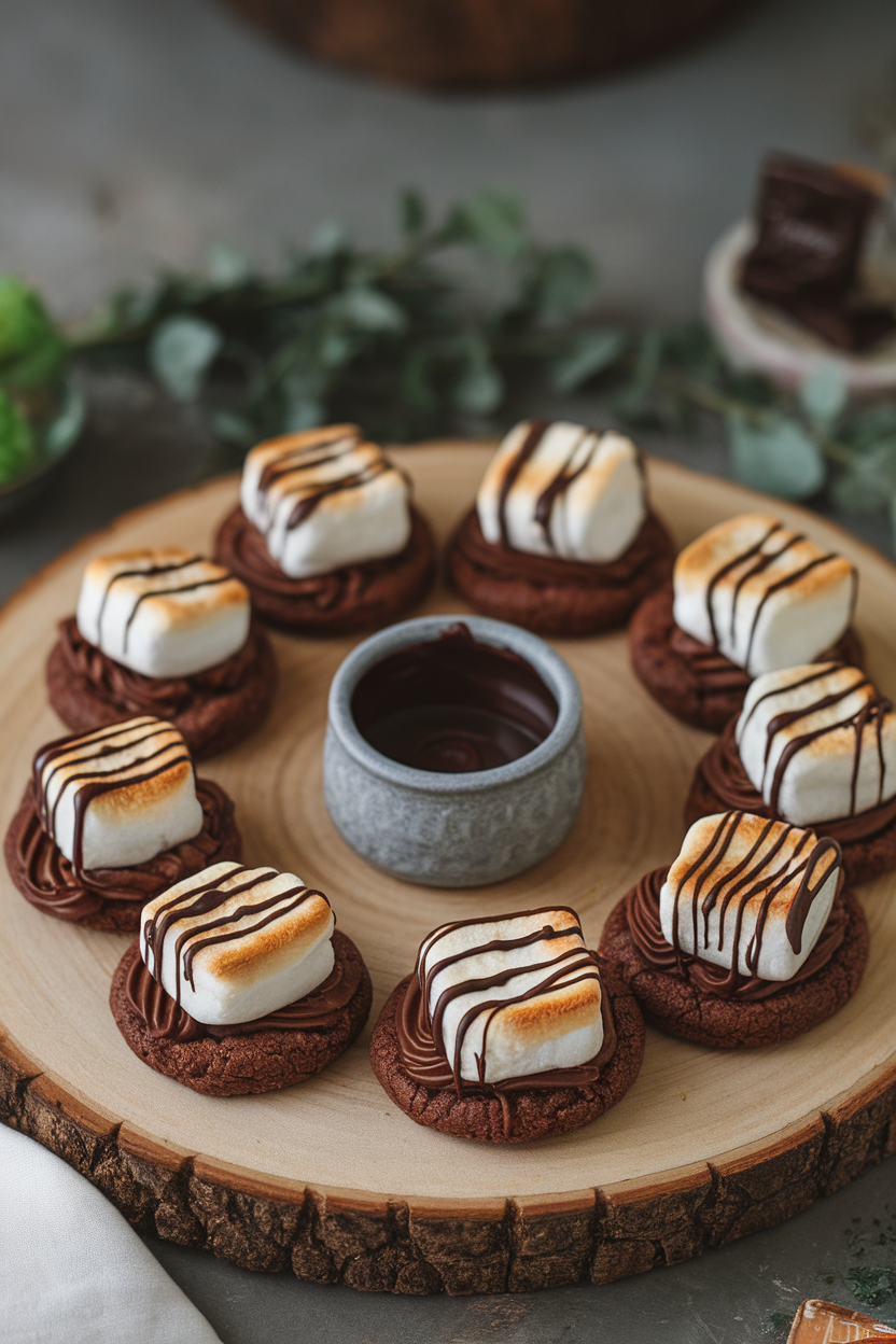Indoor scene showing chocolate cookies topped with toasted marshmallow halves and a drizzle of dark chocolate. Photo, no text or logos.