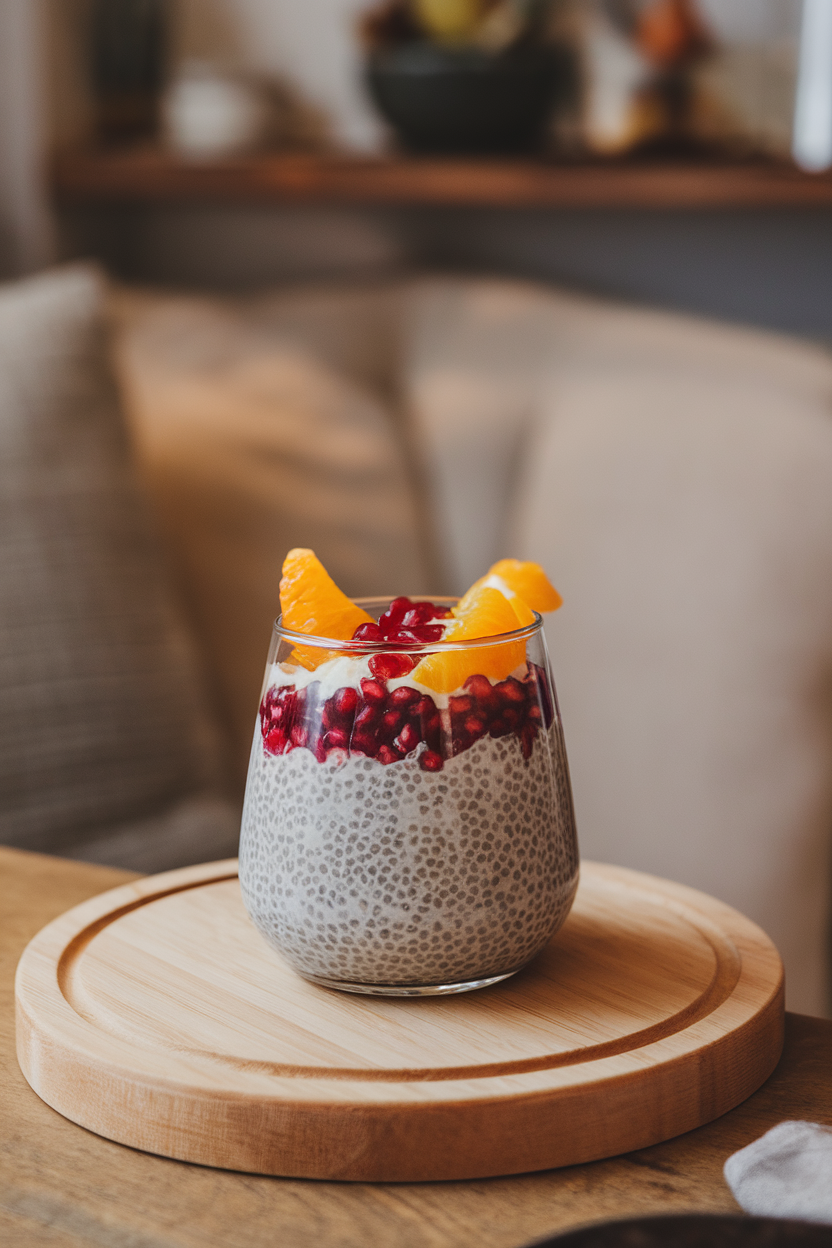 Photo of a glass filled with chia pudding layered with pomegranate arils and orange segments on an indoor breakfast nook, no text or logos