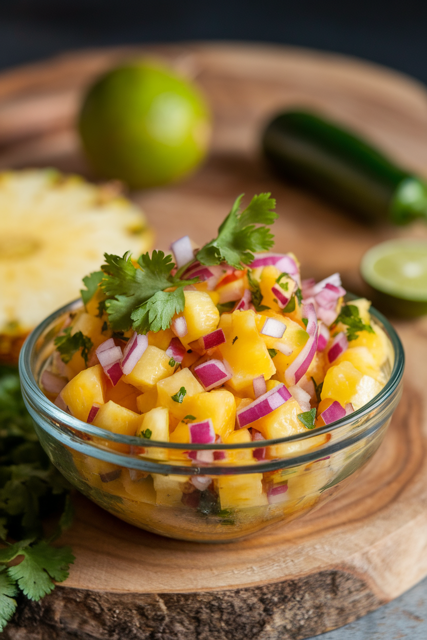 Indoor bowl of colorful pineapple salsa with red onion and cilantro, overhead view. No text or logos.