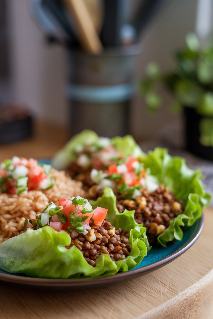 Indoor photo of lettuce-wrapped lentil walnut taco filling, brown rice, and fresh pico de gallo on a plate. No text or logos.