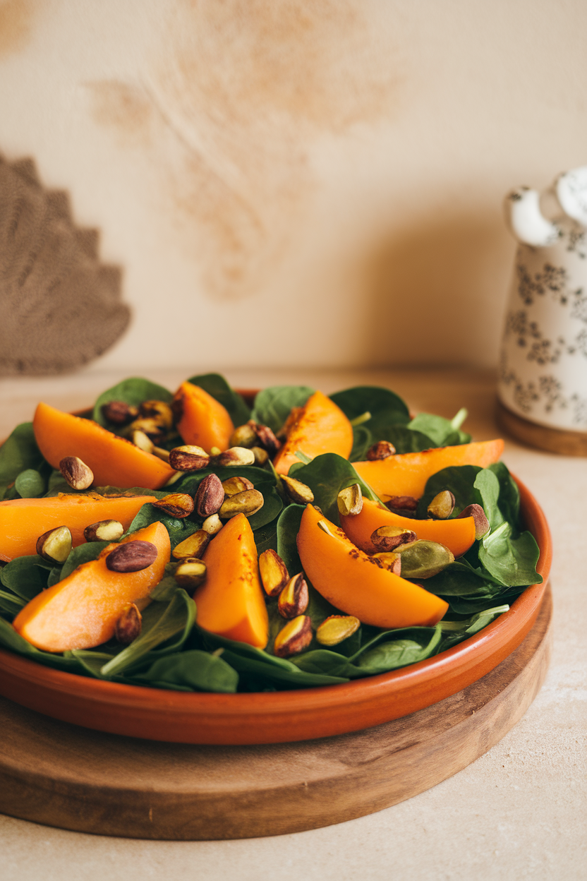 An indoor dining table with a ceramic platter topped with baby spinach, sliced Fuyu persimmons, and roasted pistachios, lightly dressed. No text or logos; photo only.